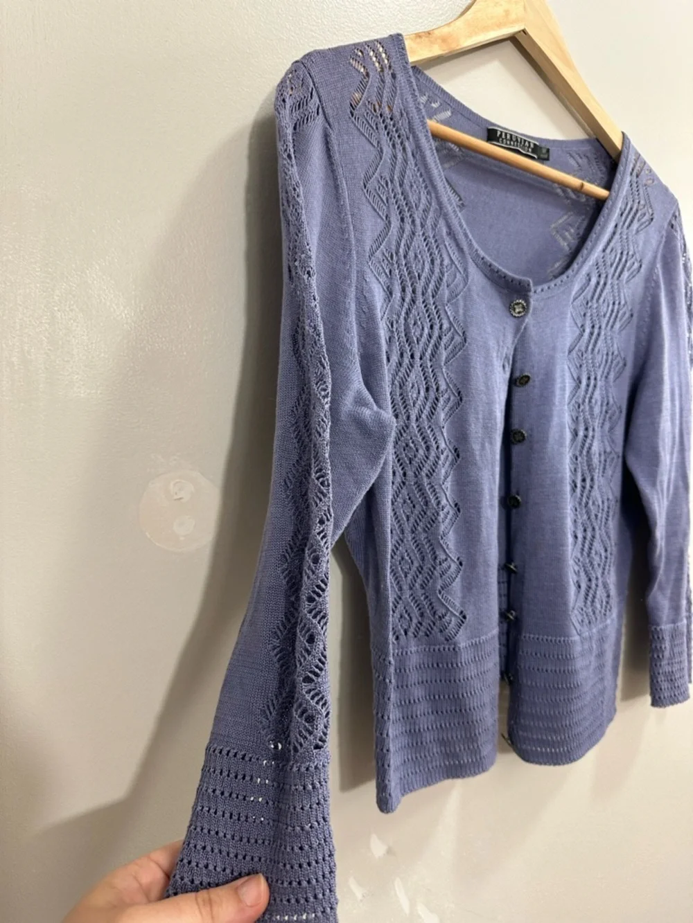 Peruvian Connection Blue/ Purple Crochet Knit Button Cardigan Size M - Picture 4 of 8